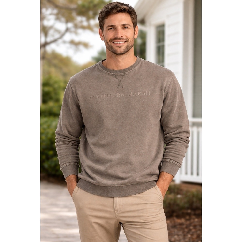 Southern Marsh Mens S Taupe Embroidered Logo Crewneck Sweatshirt Cotton Blend